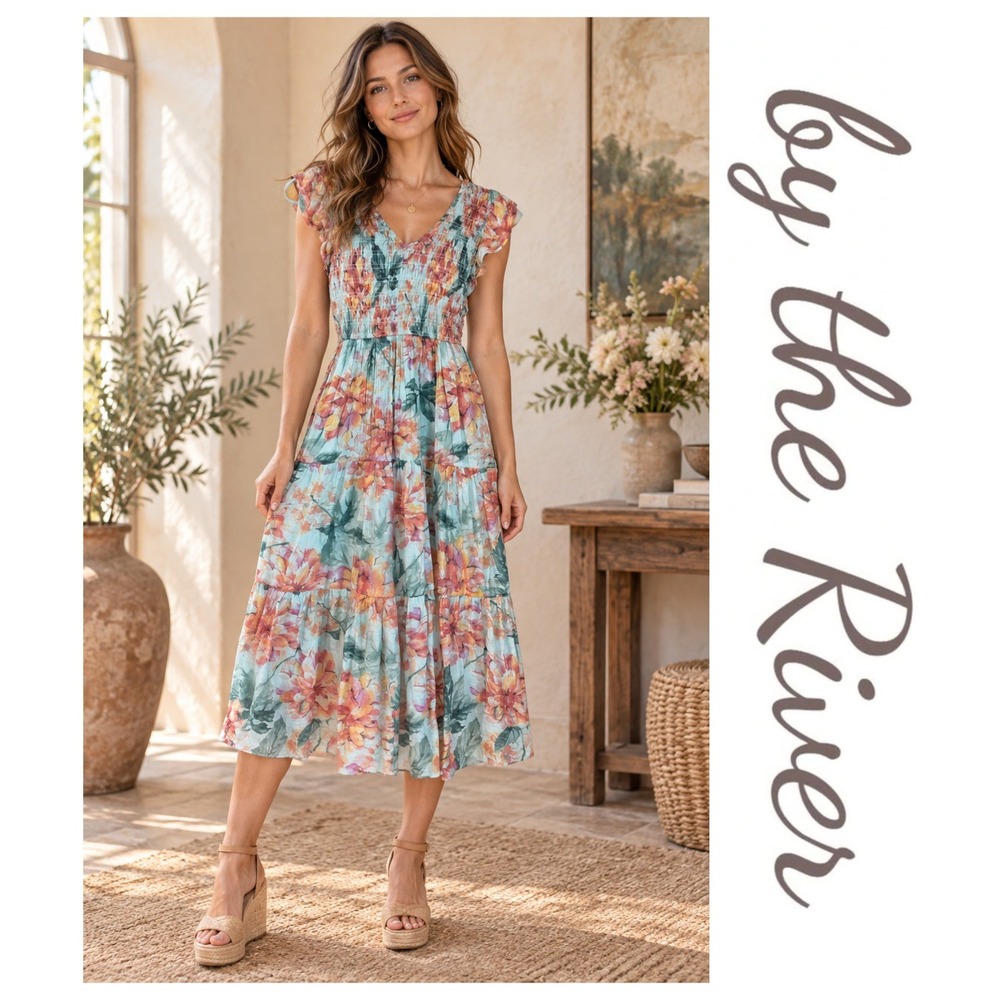 By The River Floral Smocked Flutter Sleeve Tiered Cottagecore Boho Midi Dress M